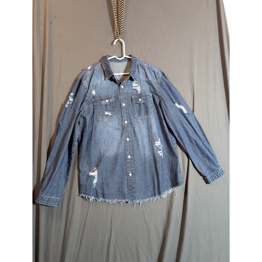 MANFINITY Mens Distressed Denim Shirt Long Sleeve Button Up Blue Size XL